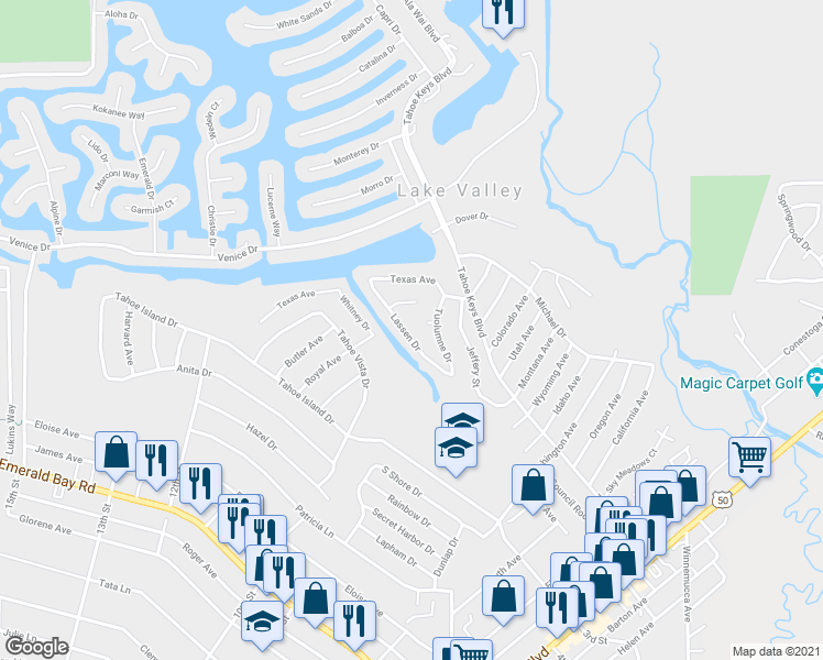 map of restaurants, bars, coffee shops, grocery stores, and more near 751 Lassen Drive in South Lake Tahoe