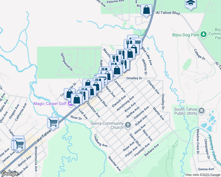 map of restaurants, bars, coffee shops, grocery stores, and more near 2620 Lake Tahoe Boulevard in South Lake Tahoe