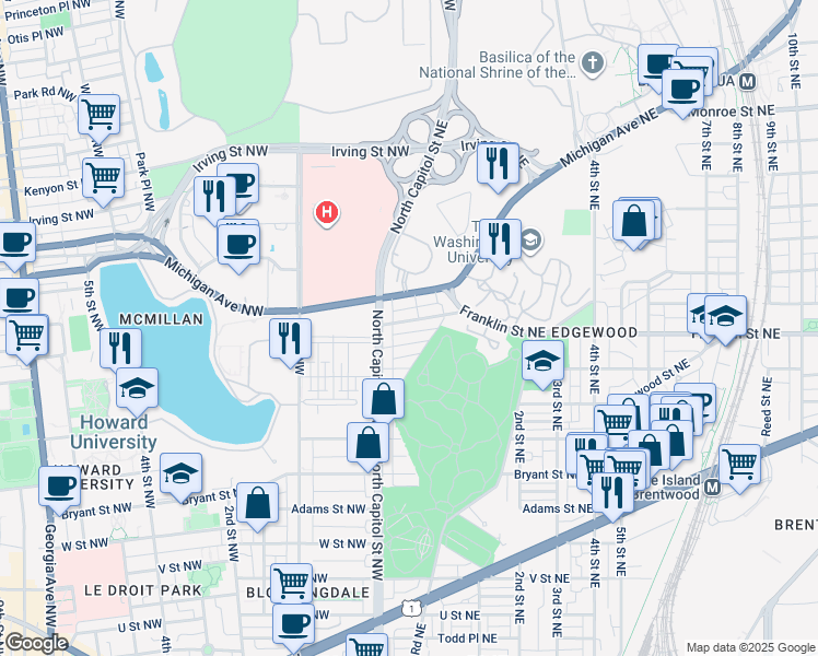 map of restaurants, bars, coffee shops, grocery stores, and more near 101 Independence Avenue Southeast in Washington