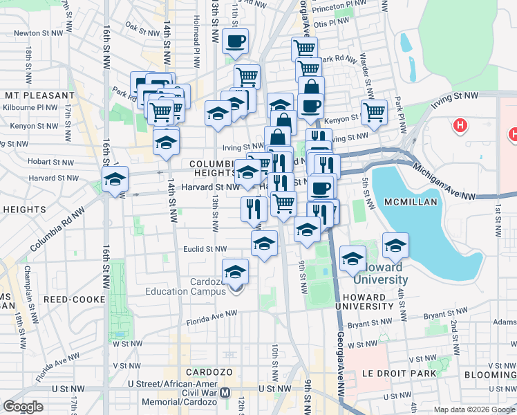 map of restaurants, bars, coffee shops, grocery stores, and more near 11th Street Northwest & Girard Street Northwest in Washington