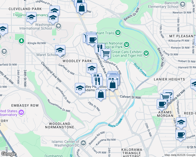 map of restaurants, bars, coffee shops, grocery stores, and more near 2660 Woodley Road Northwest in Washington