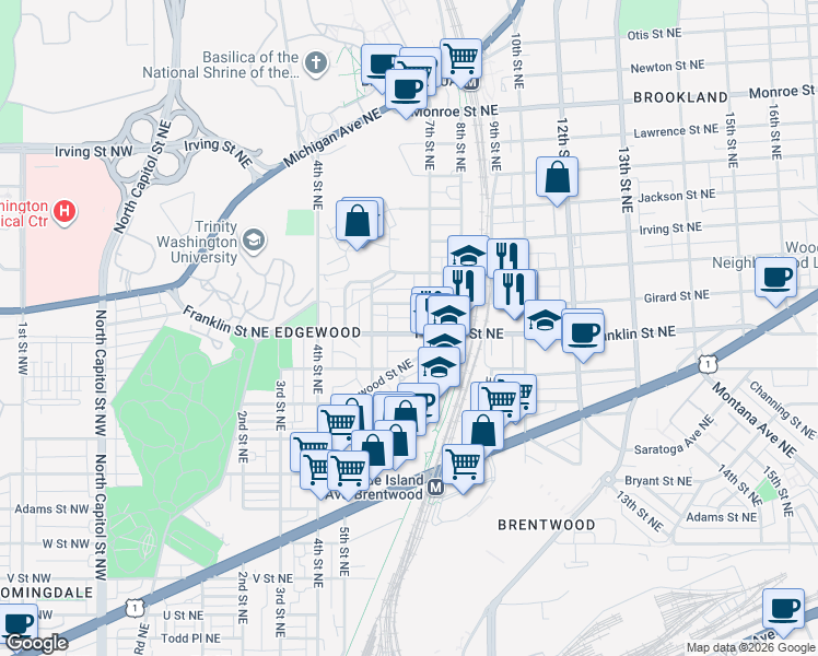 map of restaurants, bars, coffee shops, grocery stores, and more near 101 Independence Avenue Southeast in Washington