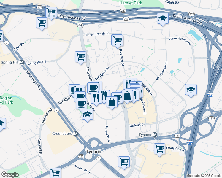 map of restaurants, bars, coffee shops, grocery stores, and more near 1645 International Drive in Tysons