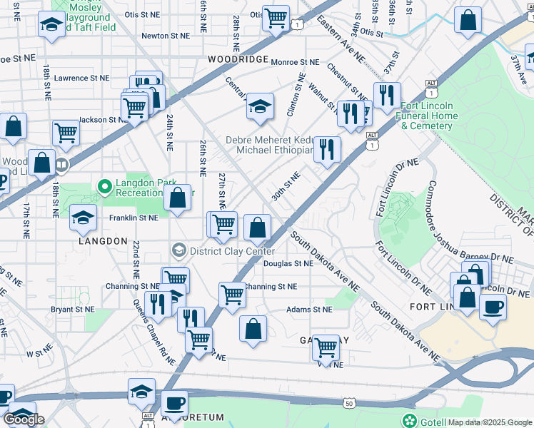 map of restaurants, bars, coffee shops, grocery stores, and more near 3000 Franklin Street Northeast in Washington