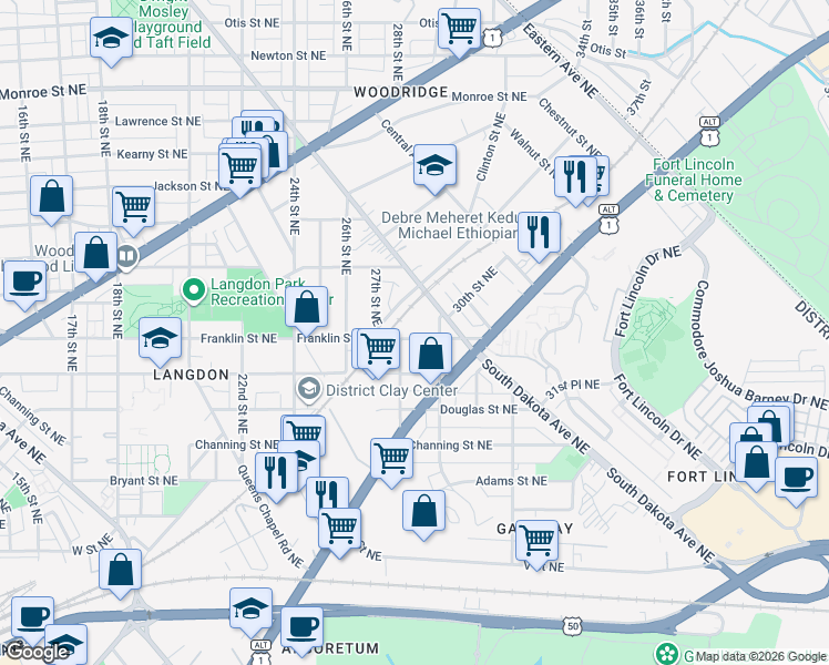map of restaurants, bars, coffee shops, grocery stores, and more near 2806 Franklin Street Northeast in Washington