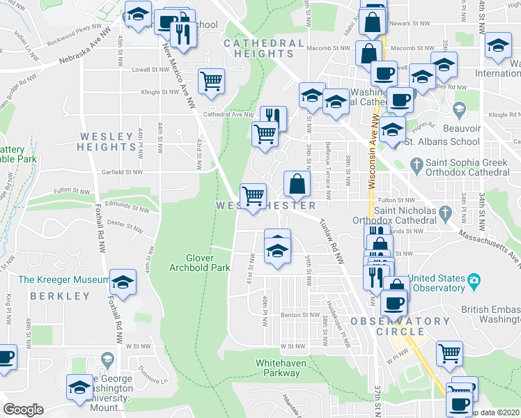 map of restaurants, bars, coffee shops, grocery stores, and more near 4000 Tunlaw Road Northwest in Washington