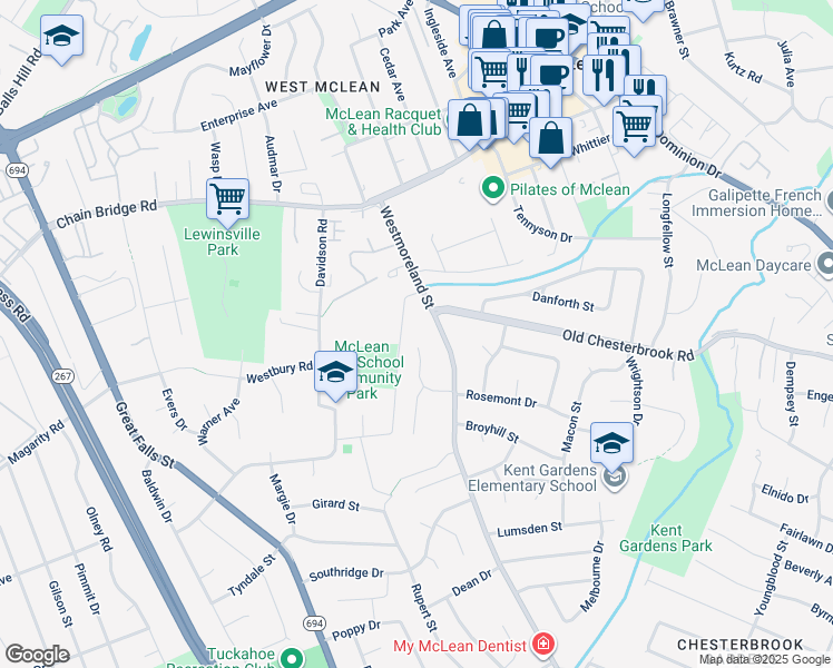 map of restaurants, bars, coffee shops, grocery stores, and more near 6918 Rosemont Drive in McLean