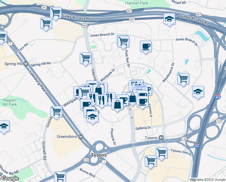 map of restaurants, bars, coffee shops, grocery stores, and more near 1645 International Drive in McLean