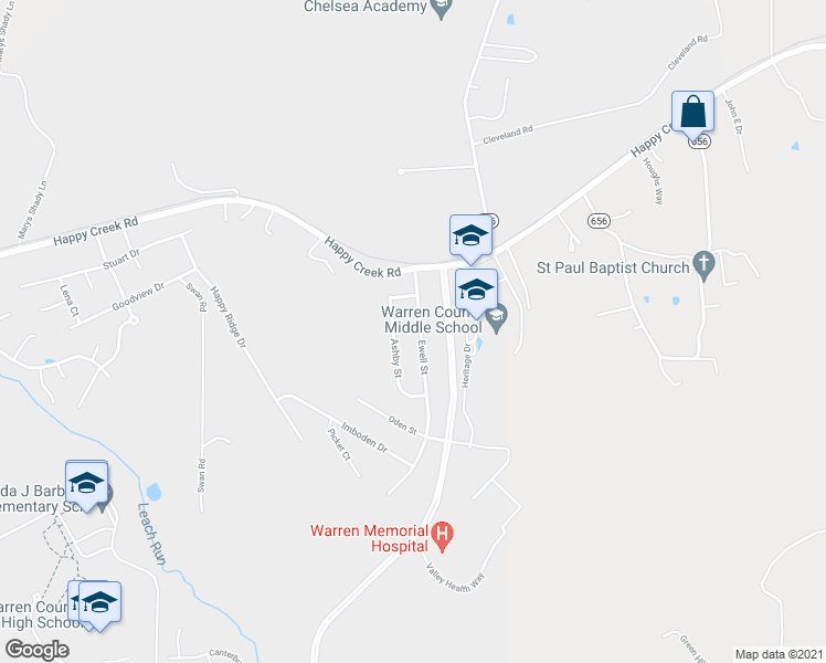 map of restaurants, bars, coffee shops, grocery stores, and more near 1109 Ewell Street in Front Royal
