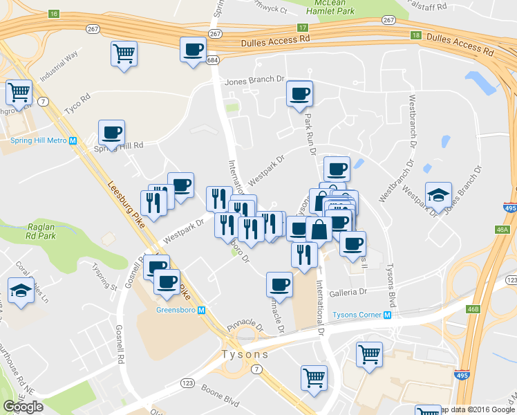 map of restaurants, bars, coffee shops, grocery stores, and more near 1611 Virginia 684 in Tysons