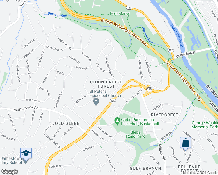 map of restaurants, bars, coffee shops, grocery stores, and more near 3859 North River Street in Arlington