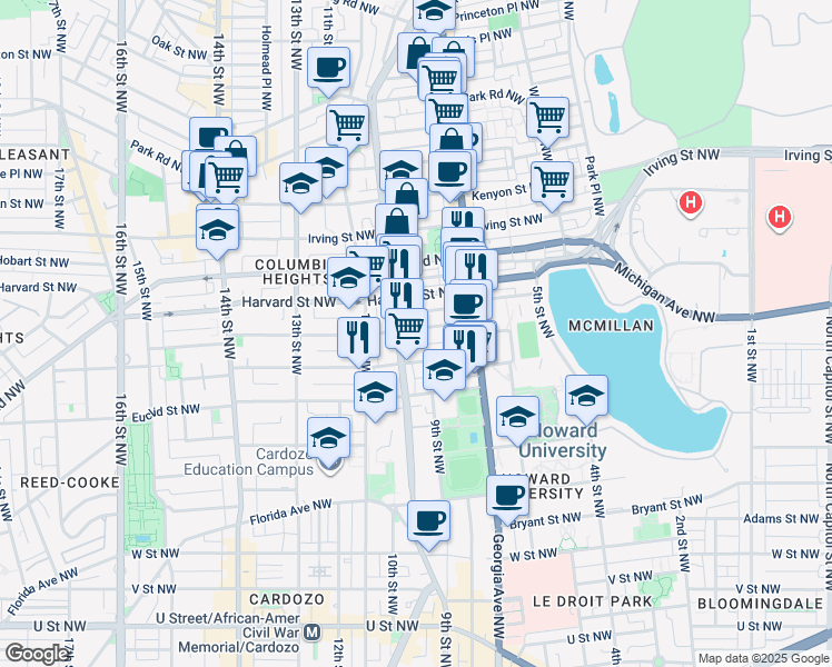 map of restaurants, bars, coffee shops, grocery stores, and more near 774 Girard Street Northwest in Washington
