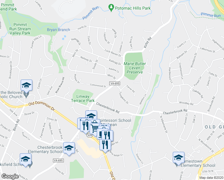 map of restaurants, bars, coffee shops, grocery stores, and more near 1617 Kirby Road in McLean