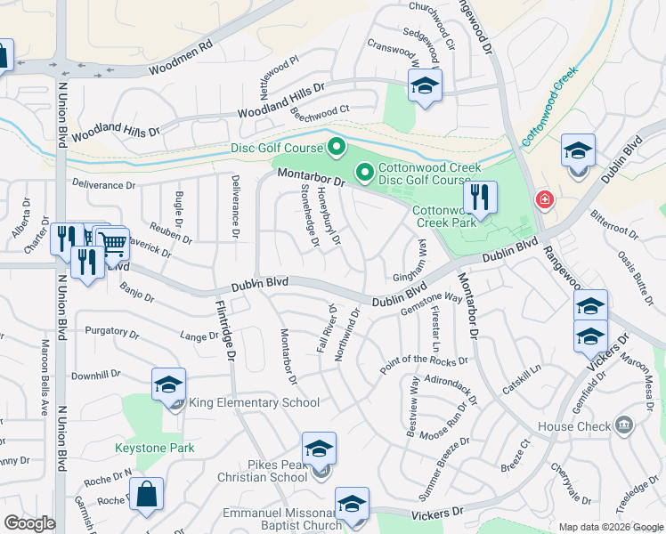 map of restaurants, bars, coffee shops, grocery stores, and more near 3440 Honeyburyl Drive in Colorado Springs