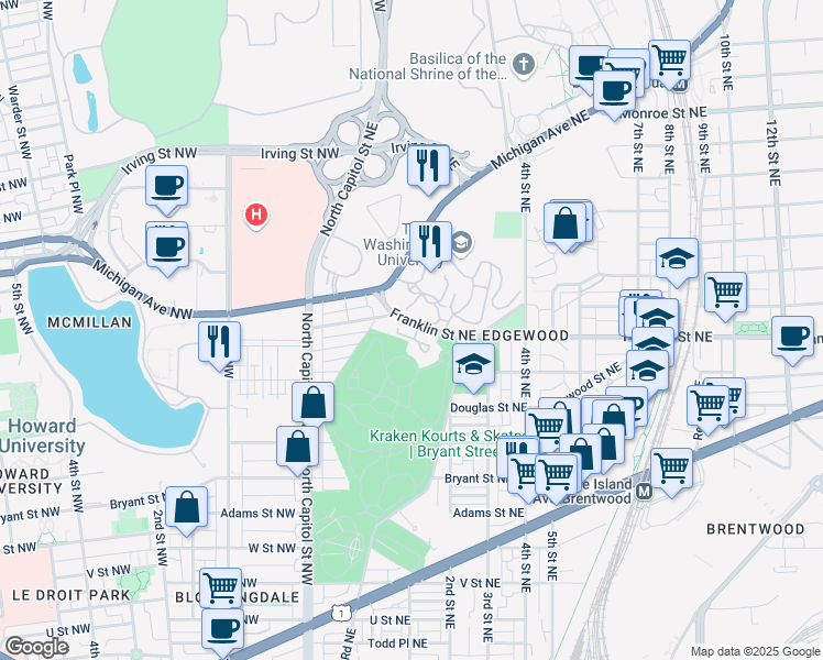 map of restaurants, bars, coffee shops, grocery stores, and more near 101 Independence Avenue Southeast in Washington