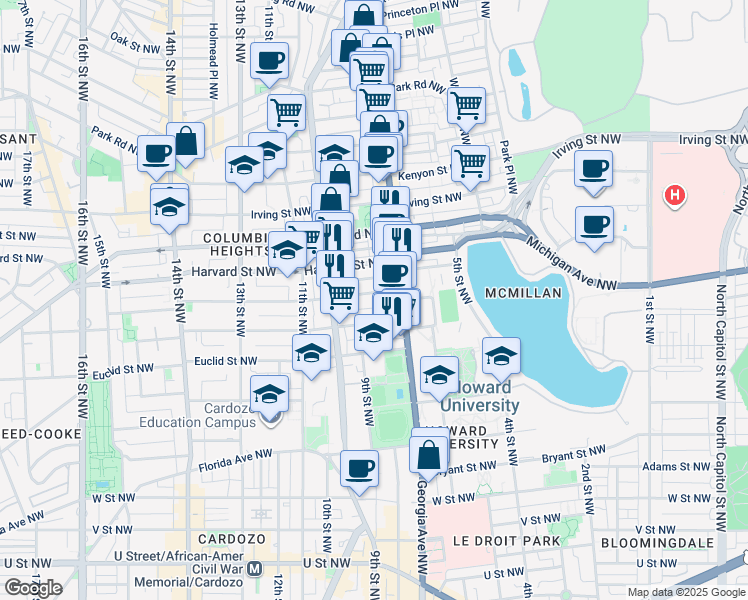 map of restaurants, bars, coffee shops, grocery stores, and more near 732 Girard Street Northwest in Washington