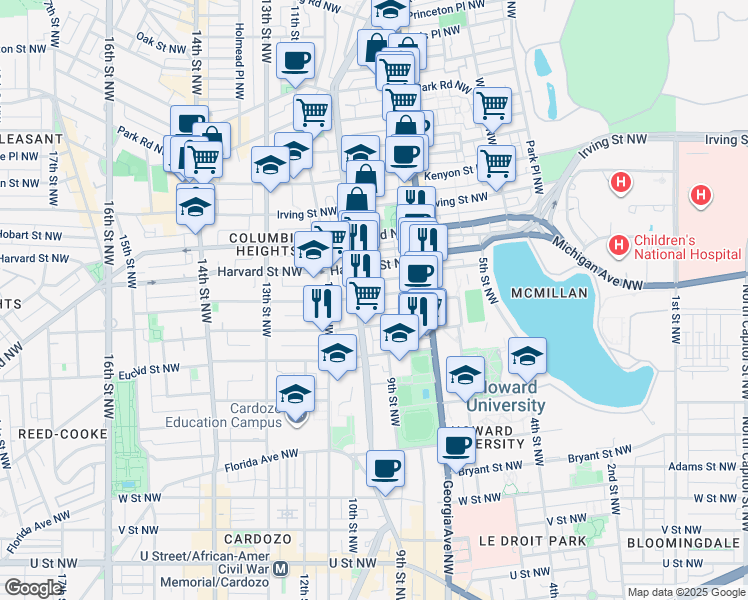 map of restaurants, bars, coffee shops, grocery stores, and more near 774 Girard Street Northwest in Washington