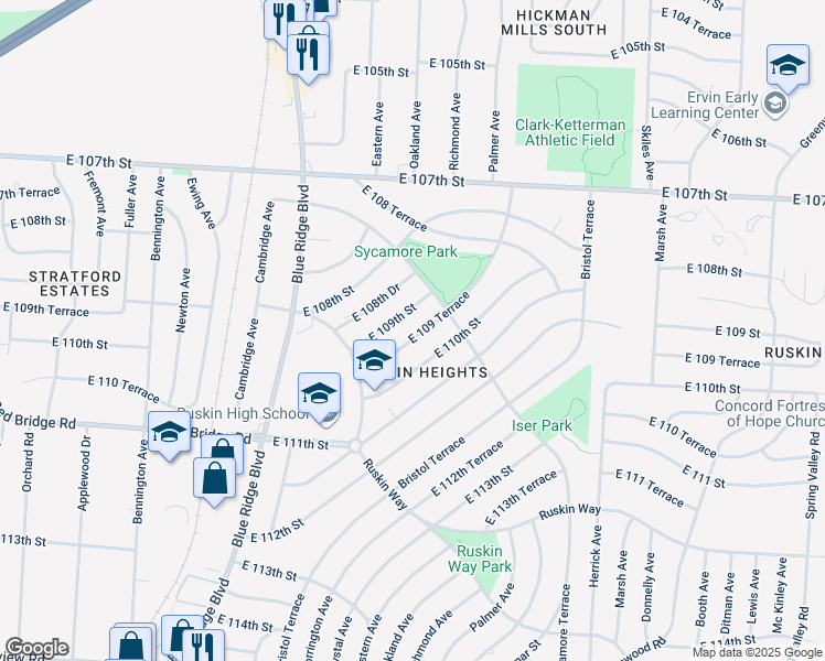 map of restaurants, bars, coffee shops, grocery stores, and more near 7409 East 109th Street in Kansas City