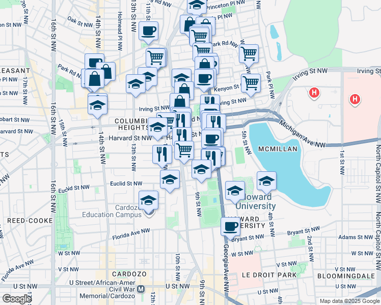 map of restaurants, bars, coffee shops, grocery stores, and more near 770 Girard Street Northwest in Washington