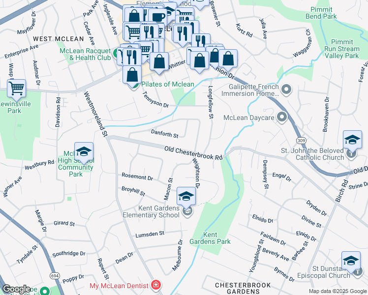 map of restaurants, bars, coffee shops, grocery stores, and more near 6704 Old Chesterbrook Road in McLean