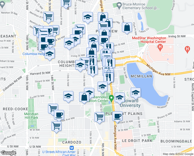 map of restaurants, bars, coffee shops, grocery stores, and more near 770 Girard Street Northwest in Washington