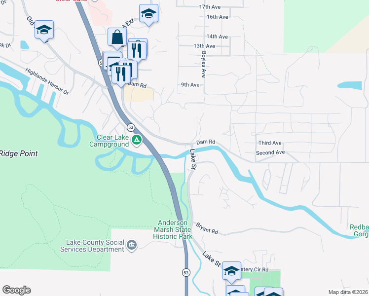 map of restaurants, bars, coffee shops, grocery stores, and more near 16020 Dam Road in Clearlake