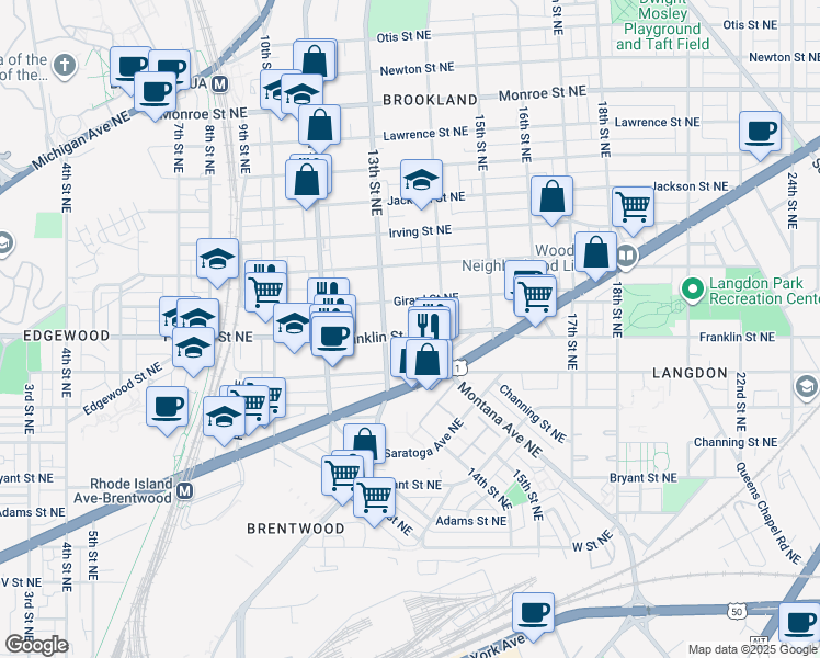 map of restaurants, bars, coffee shops, grocery stores, and more near 1312 Franklin Street Northeast in Washington