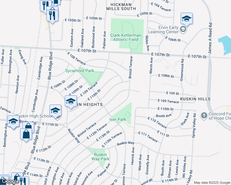 map of restaurants, bars, coffee shops, grocery stores, and more near 7805 East 111th Terrace in Kansas City