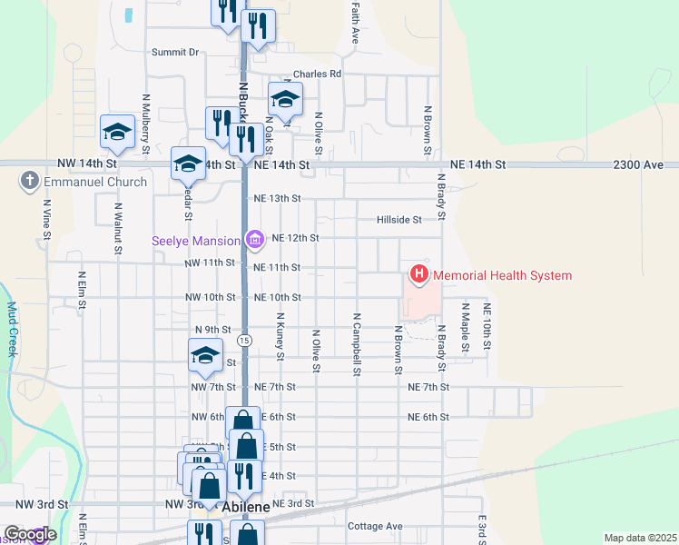map of restaurants, bars, coffee shops, grocery stores, and more near 316 Northeast 11th Street in Abilene
