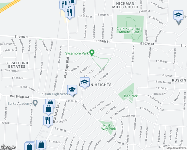 map of restaurants, bars, coffee shops, grocery stores, and more near 7408 East 109 Terrace in Kansas City