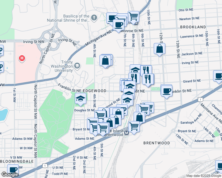 map of restaurants, bars, coffee shops, grocery stores, and more near 2805 6th Street Northeast in Washington