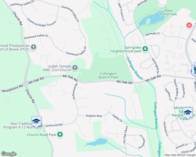 map of restaurants, bars, coffee shops, grocery stores, and more near 14800 Mount Oak Road in Bowie