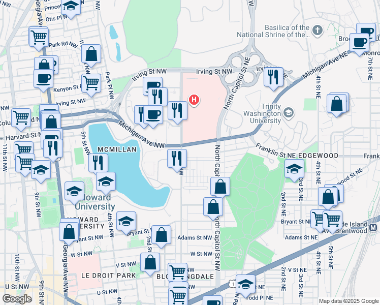 map of restaurants, bars, coffee shops, grocery stores, and more near 101 Independence Avenue Southeast in Washington