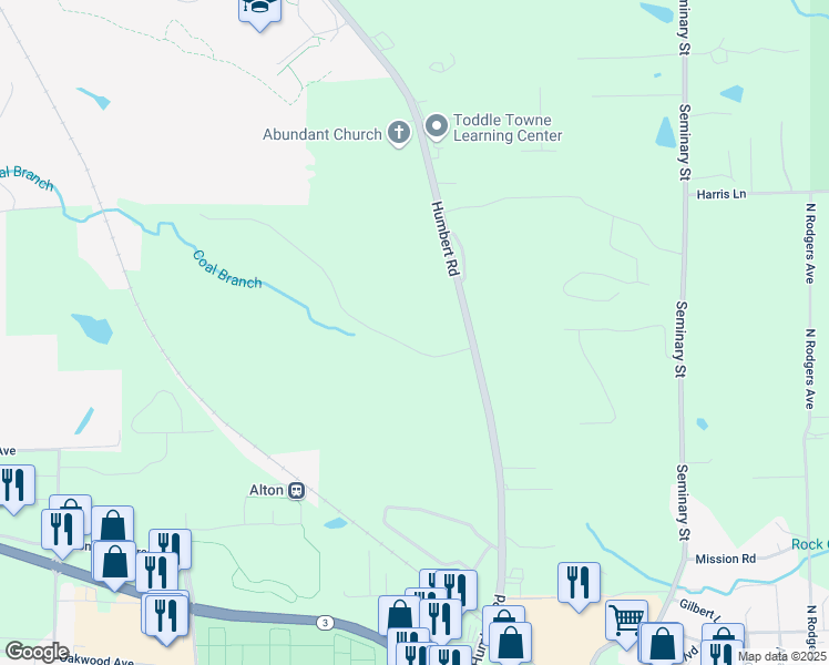 map of restaurants, bars, coffee shops, grocery stores, and more near 3490 Humbert Road in Alton