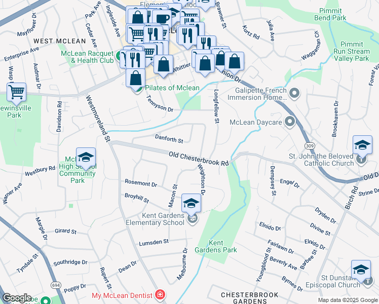 map of restaurants, bars, coffee shops, grocery stores, and more near 6704 Old Chesterbrook Road in McLean
