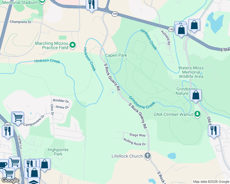 map of restaurants, bars, coffee shops, grocery stores, and more near 2221-2409 S Rock Quarry Rd in Columbia