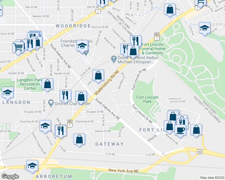 map of restaurants, bars, coffee shops, grocery stores, and more near 3164 Berry Road Northeast in Washington