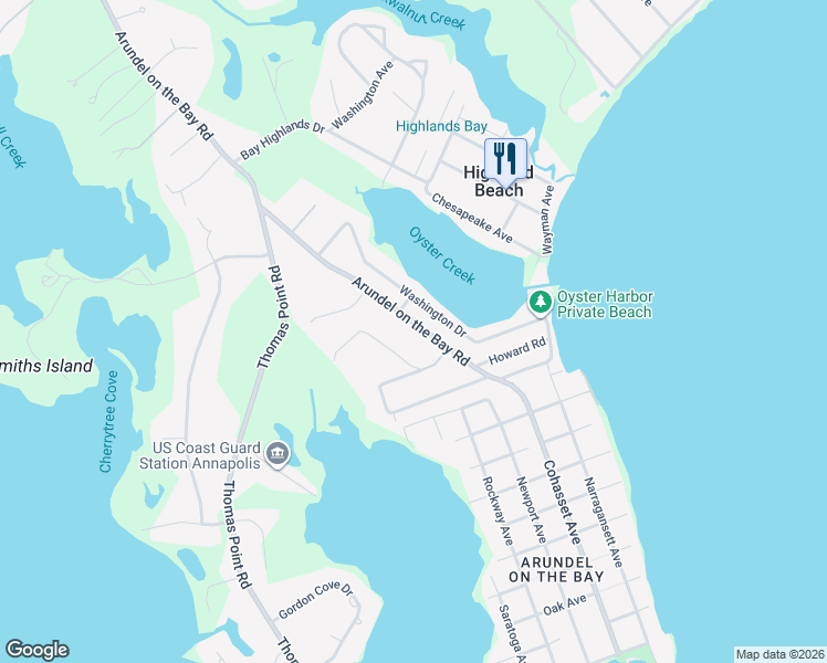 map of restaurants, bars, coffee shops, grocery stores, and more near 3350 Arundel on the Bay Road in Annapolis