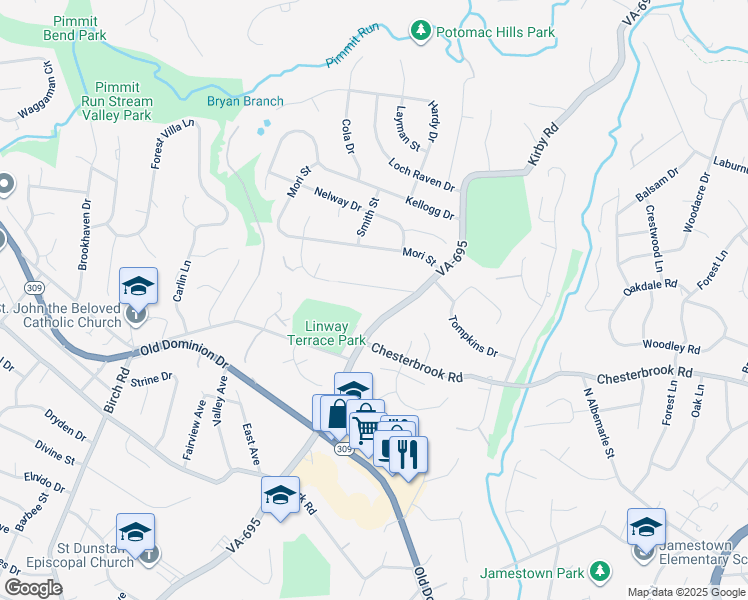 map of restaurants, bars, coffee shops, grocery stores, and more near 6223 Cottonwood Street in McLean