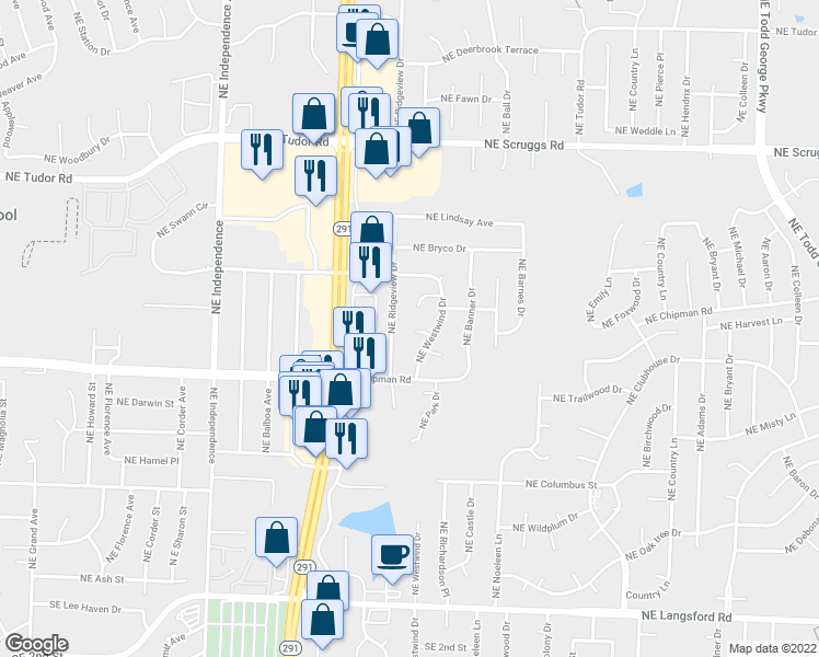 map of restaurants, bars, coffee shops, grocery stores, and more near 922 Northeast Westwind Circle in Lee's Summit