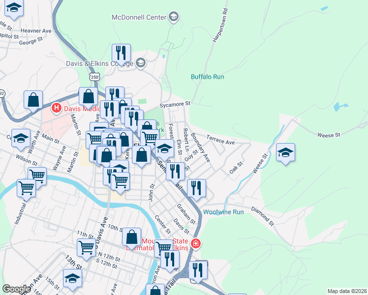 map of restaurants, bars, coffee shops, grocery stores, and more near 200-238 Elm St in Elkins