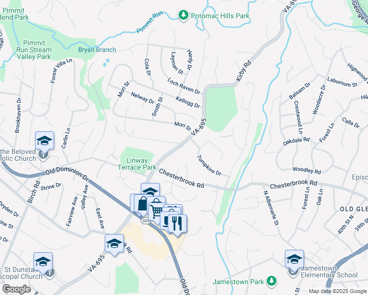map of restaurants, bars, coffee shops, grocery stores, and more near 1617 Kirby Road in McLean