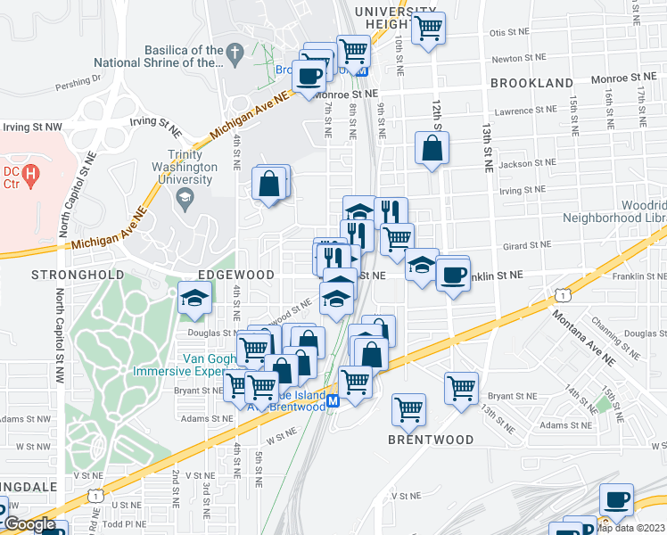 map of restaurants, bars, coffee shops, grocery stores, and more near 2803 7th Street Northeast in Washington