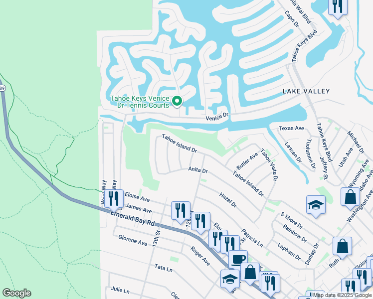 map of restaurants, bars, coffee shops, grocery stores, and more near 643 Tahoe Island Drive in South Lake Tahoe