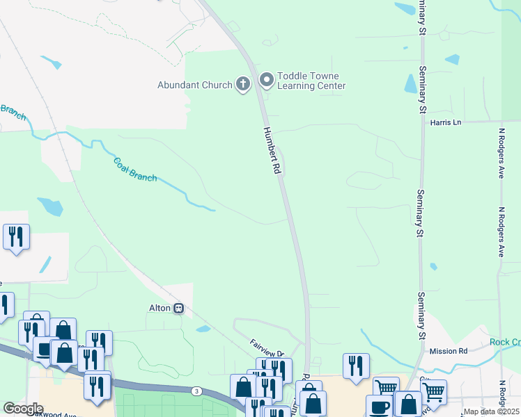 map of restaurants, bars, coffee shops, grocery stores, and more near 3490 Humbert Road in Alton