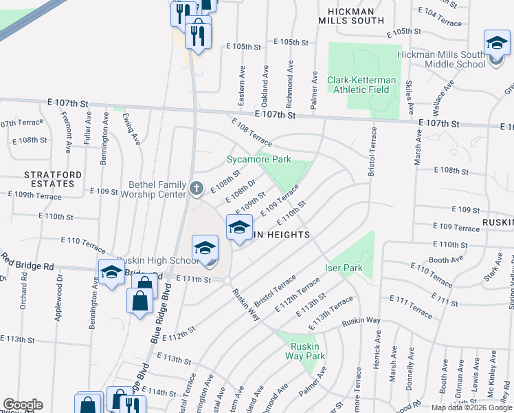 map of restaurants, bars, coffee shops, grocery stores, and more near 7305 East 108th Drive in Kansas City