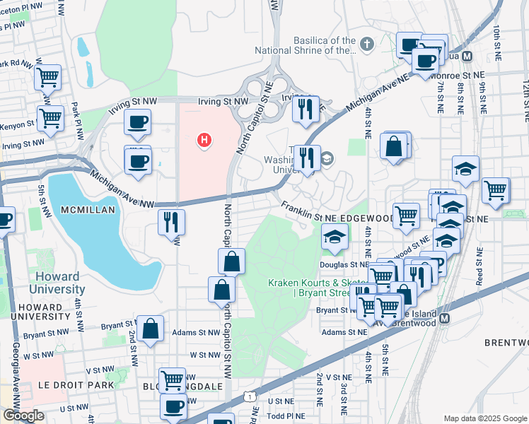 map of restaurants, bars, coffee shops, grocery stores, and more near 47 Girard Street Northeast in Washington