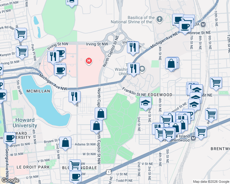 map of restaurants, bars, coffee shops, grocery stores, and more near 101 Independence Avenue Southeast in Washington