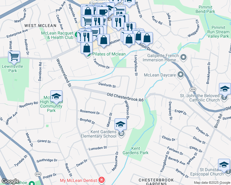 map of restaurants, bars, coffee shops, grocery stores, and more near 6708 Old Chesterbrook Road in McLean
