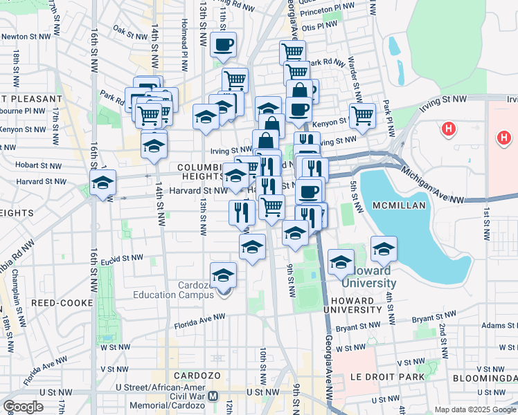map of restaurants, bars, coffee shops, grocery stores, and more near 1005 Girard Street Northwest in Washington